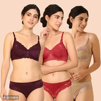 Stylish Cotton Bra And Panty Set For Women Pack Of 3-thumb0