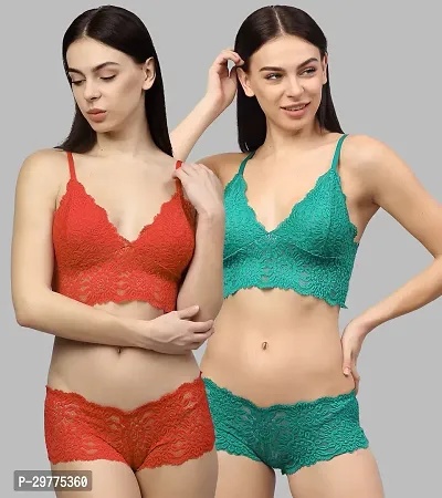 Women Net Bra Panty Set for Lingerie Set ( Pack of 2 ) ( Color : Red,Green )-thumb0