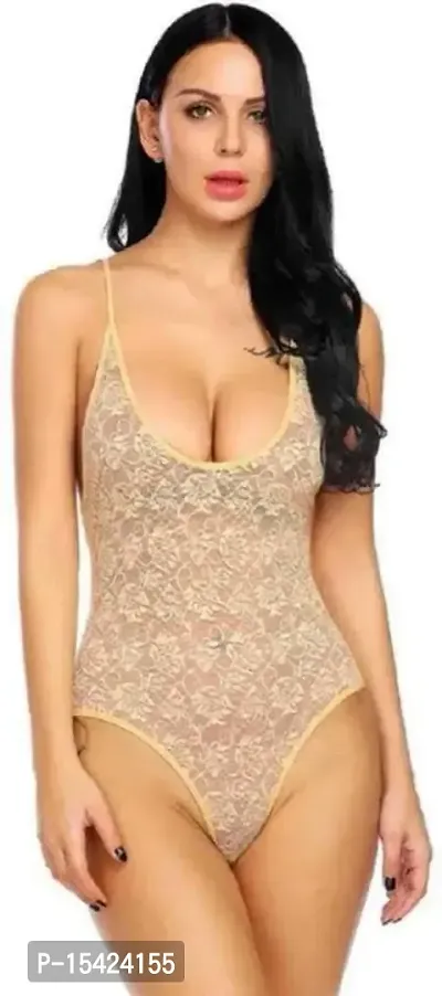 Women's Polyamide Spandex  Lace Plain Above Knee Baby Doll Lingerie Brown