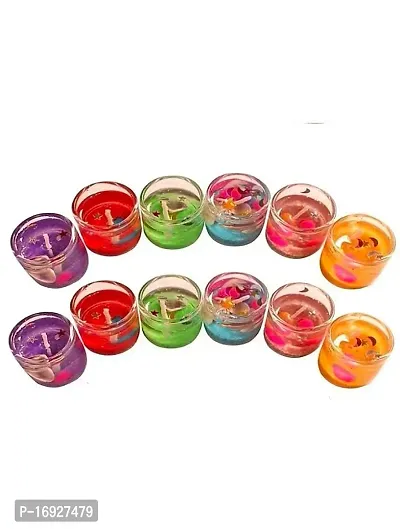 Kigs Enterprise Pack of 12 Pcs Home Decor Luxury Small Multicolour Smokeless Decorated Mini Cute Little Glass Jelly Gel Candles (Pack of 12 Pcs)-thumb0