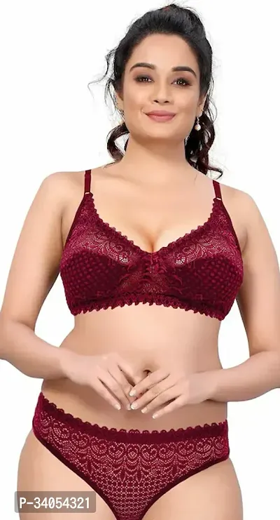 Stylish Maroon Cotton Blend Bra  Panty Set For Women-thumb0