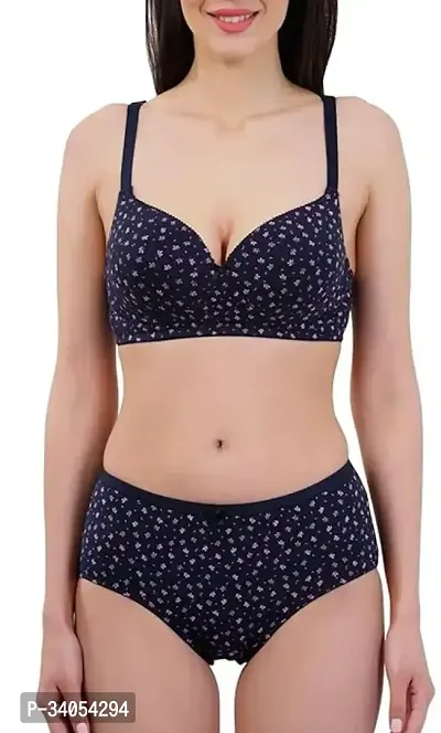 Stylish Navy Blue Cotton Blend Bra  Panty Set For Women-thumb0