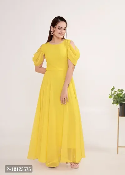 Beautiful Georgette Yellow Flared Gown For Women-thumb0