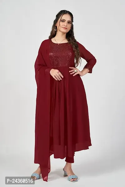 Label D11 Women's Georgette Embroidered Maxi Anarkali Gown Dress (Maroon, 3XL)