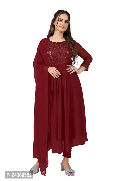 PINK LIGHT Women's Georgette Embroidered Maxi Anarkali Gown Dress (Maroon, XL)