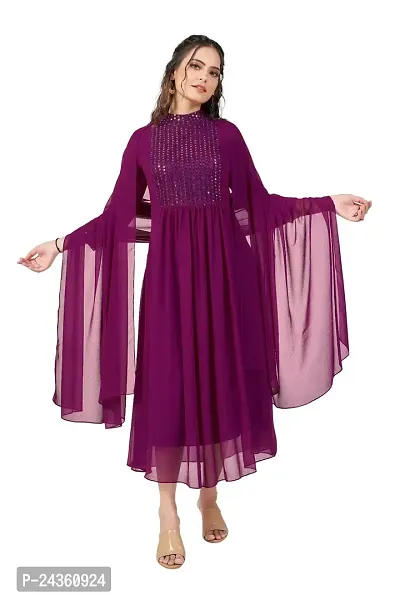 PINK LIGHT Womens Georgette Embroidered Maxi Anarkali Gown Dress (Wine, L)-thumb0