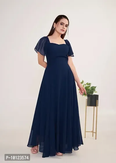 Beautiful Georgette Navy Blue Flared Gown For Women-thumb0