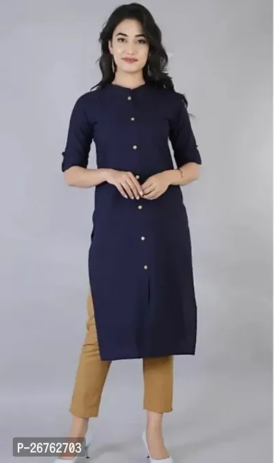 Attractive Navy Blue Solid Cotton Straight Kurta For Women-thumb0