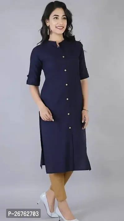 Attractive Navy Blue Solid Cotton Straight Kurta For Women-thumb3