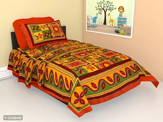 Serene D?cor Jaipuri Bedsheet, Cotton Single bedsheet with 1 Pillow Covers (63 x 90 inches) (AE982, Red) (Yellow)