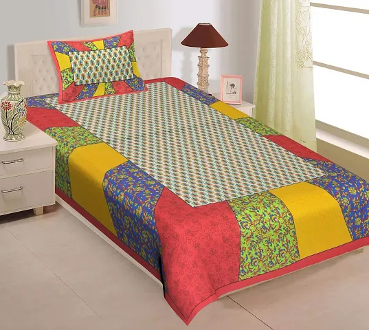 Serene Decor Jaipuri Bedsheet, Cotton Single bedsheet with 1 Pillow Covers (63"" x 90"" inches)