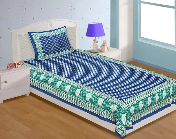 Serene Decor? Jaipuri Bedsheet, 160 TC Single Bed Cotton Bedsheet and 1 Pillow Cover, Plain Premium, Platinum Superior Elegant (Blue)