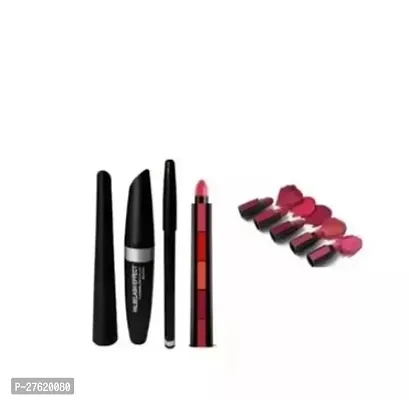 3 In 1Mascara,Kajal And Eyeliner With 5 In1 Professional And Different Colour Lipstick-Pack Of 4-thumb0