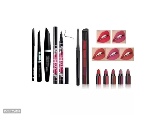 3 In1 Combo Set Mascara, Eyeliner, Pencil , Waterproof Kajal, 36H Eyeliner And 5In1 Lipstick-Pack Of 6-thumb0