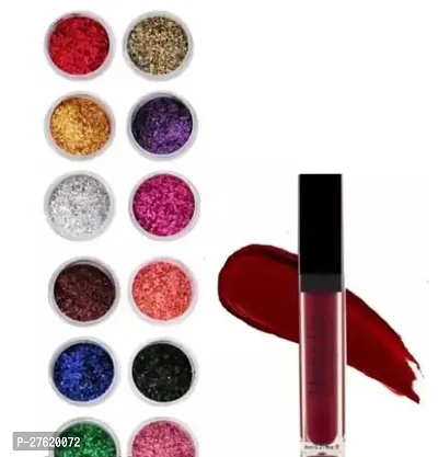 12 Colour Eye Glitter And Maroon Matte Long-Lasting Liquid Lipstick Pack Of 2