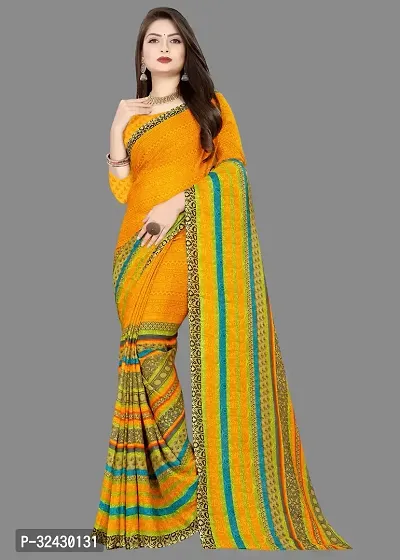 Elegant Yellow Georgette Printed Saree With Blouse Piece For Women-thumb0