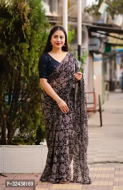 Elegant Black Georgette Printed Saree With Blouse Piece For Women-thumb0