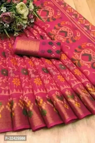 Elegant Pink Cotton Printed Saree With Blouse Piece For Women-thumb0