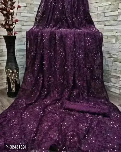 Elegant Purple Net Embellished Saree With Blouse Piece For Women-thumb0