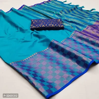 Elegant Blue Cotton Silk Jacquard Saree With Blouse Piece For Women-thumb0