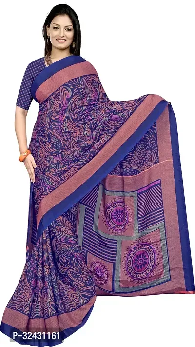 Elegant Blue Crepe Printed Saree With Blouse Piece For Women-thumb0