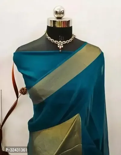 Elegant Blue Chiffon Solid Saree With Blouse Piece For Women-thumb0