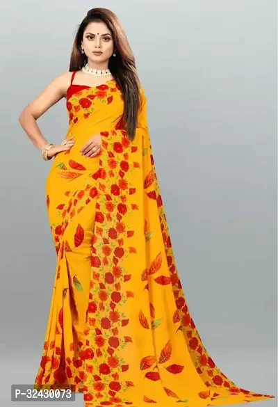 Elegant Yellow Georgette Printed Saree With Blouse Piece For Women-thumb0