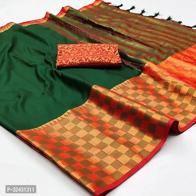 Elegant Green Cotton Silk Jacquard Saree With Blouse Piece For Women-thumb0