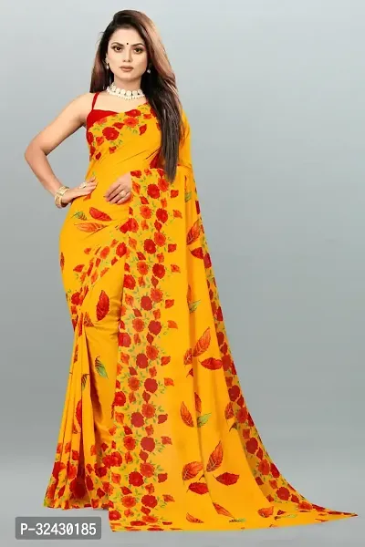 Elegant Yellow Georgette Printed Saree With Blouse Piece For Women-thumb0