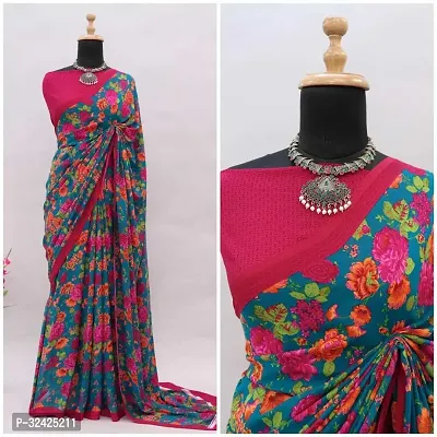 Elegant Multicoloured Georgette Printed Saree With Blouse Piece For Women-thumb0