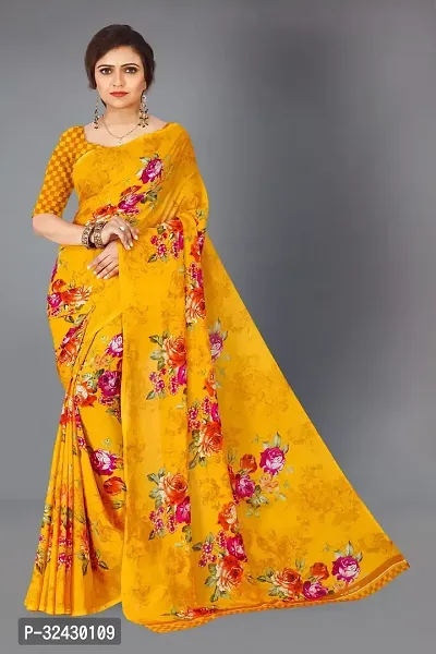 Elegant Yellow Georgette Printed Saree With Blouse Piece For Women-thumb0