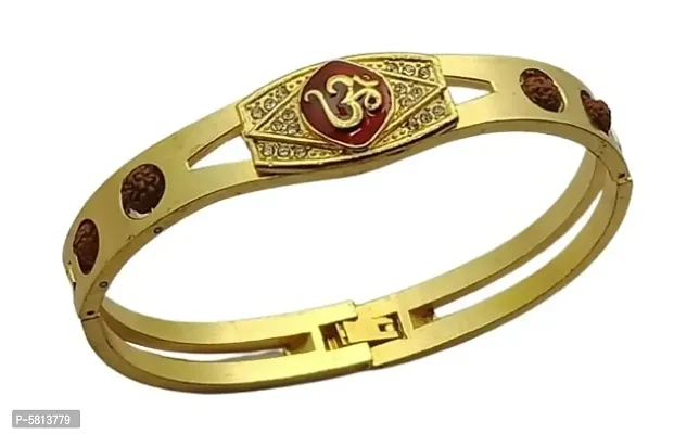 Stylist Traditional OM Gold Plated with Rudraksha Beads Brass Enamel Openable Oval Cuff Kada Bracelet for Men