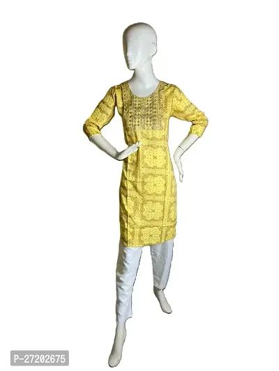 Stylish Yellow Cotton Printed A-Line Kurta Bottom Set For Women