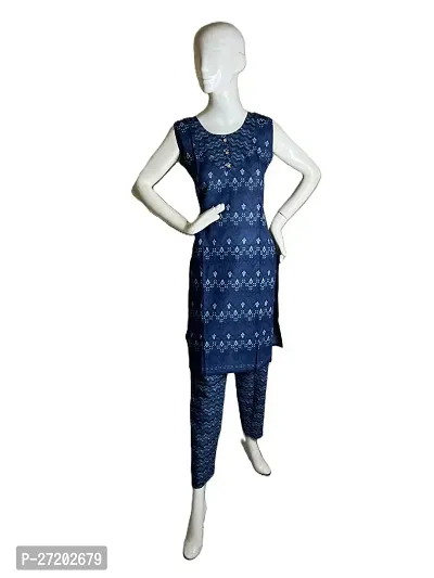 Stylish Navy Blue Cotton Printed A-Line Kurta Bottom Set For Women-thumb0