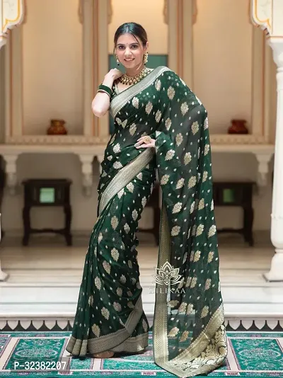 Stylish Silk Blend Green Woven Design Saree with Blouse piece For Women-thumb0