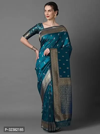 Stylish Silk Blend Blue Woven Design Saree with Blouse piece For Women