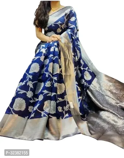 Stylish Silk Blend Navy Blue Woven Design Saree with Blouse piece For Women-thumb0