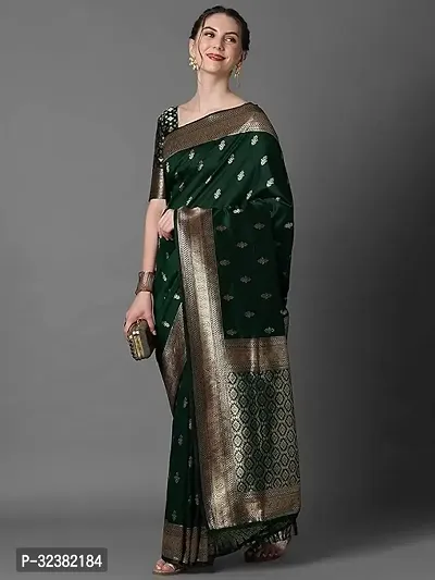 Stylish Silk Blend Green Woven Design Saree with Blouse piece For Women