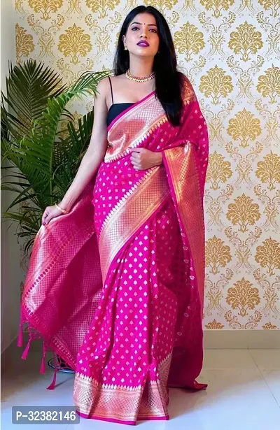 Stylish Silk Blend Pink Woven Design Saree with Blouse piece For Women-thumb0