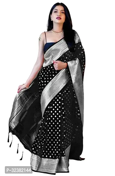 Stylish Silk Blend Black Woven Design Saree with Blouse piece For Women-thumb0