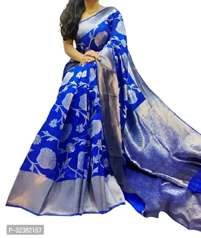 Stylish Silk Blend Blue Woven Design Saree with Blouse piece For Women