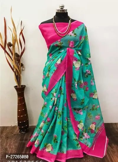 Stylish Linen Sea Green Printed Saree with Blouse piece