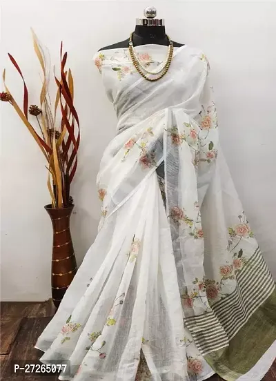 Stylish Linen White Printed Saree with Blouse piece