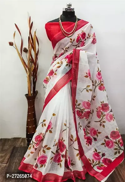 Stylish Linen White Printed Saree with Blouse piece-thumb0