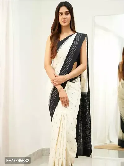 Stylish Linen White Self Pattern Saree with Blouse piece