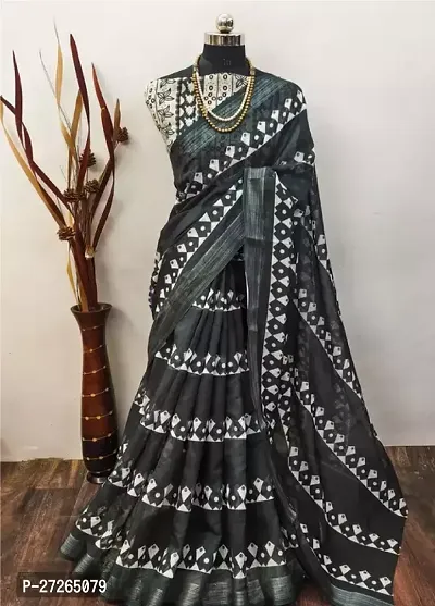 Stylish Linen Grey Printed Saree with Blouse piece