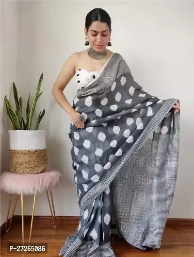 Stylish Linen Grey Printed Saree with Blouse piece