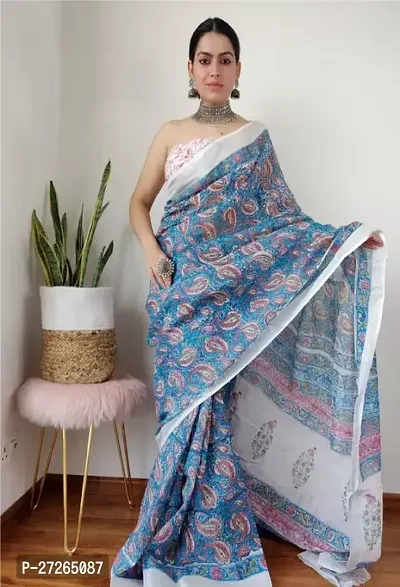 Stylish Linen Blue Printed Saree with Blouse piece