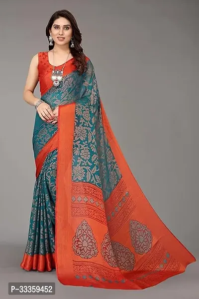 Stylish Chiffon Green Printed Saree with Blouse Piece For Women-thumb0