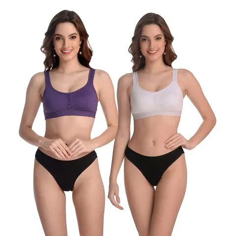 Naisa Non-Padded Non-Wired Regular Fit, Soft & Stretchable All Day Useable Sports Bra, with Panty, Set of-2, Pack of 2
